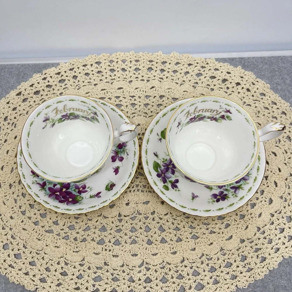 Royal Albert Flower Of The Month February Tea Cup & Saucer Gold Gilding Set Of 4